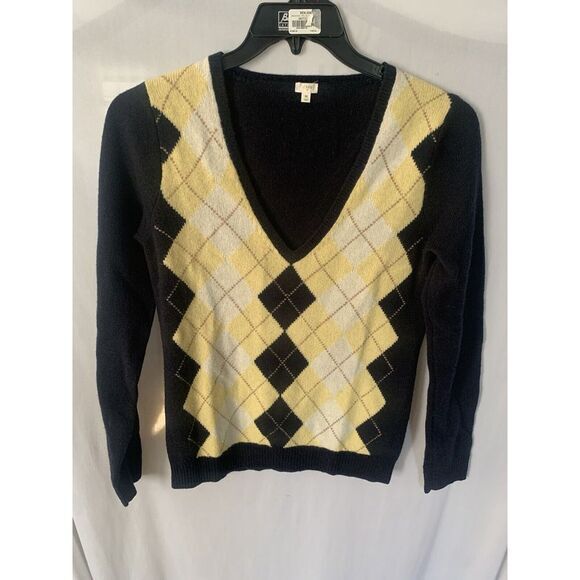 Womens Medium J. Crew Lambs Wool Argyle Vneck‎ Sweater  Yellow Navy Blue - Picture 1 of 7